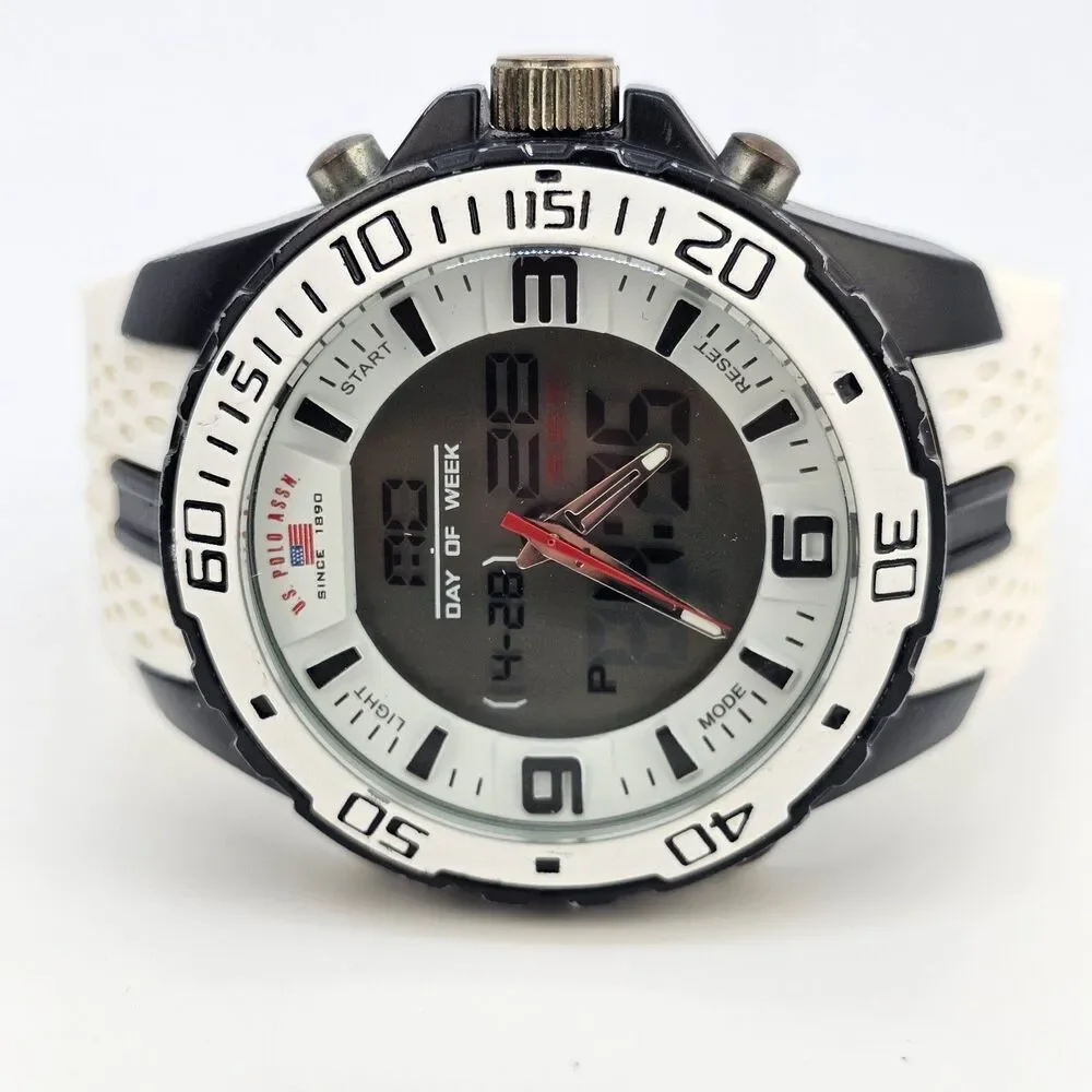US POLO ASSN Men's Watch Digital Analog 48MM White‎ Platic Bands New Battery